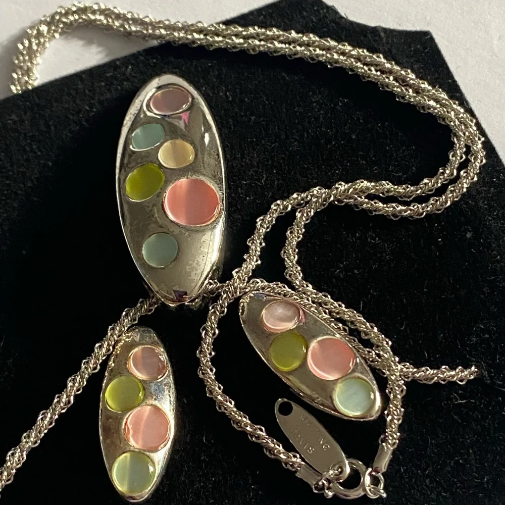 Rare! Vintage Whiting Davis Silver Earrings Pendant & Intricately Woven Chain Se